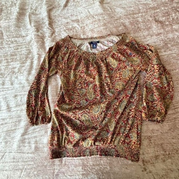 Chaps Denim Womens Paisley Print Off Shoulder Smocked Cropped Blouse Top XS - Picture 5 of 6